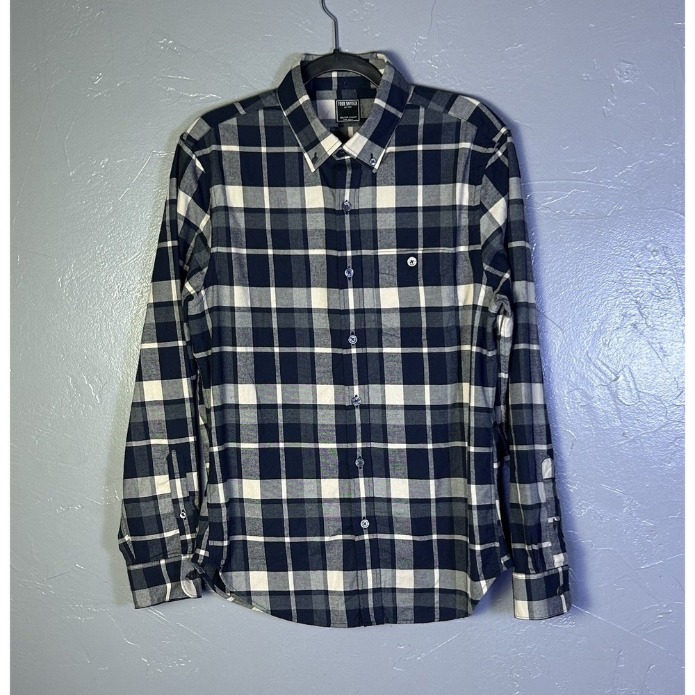Todd Snyder navy & white plaid long-sleeve button-down shirt 100% Cotton M